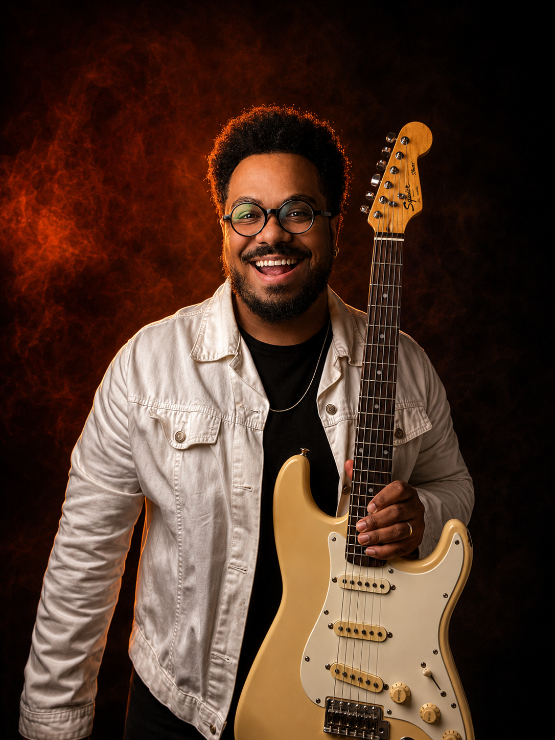David Lopes segurando sua guitarra em estúdio