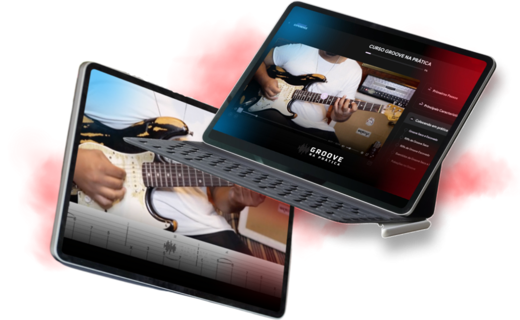 Aula com tablatura na tela nos fundamentos básicos da guitarra